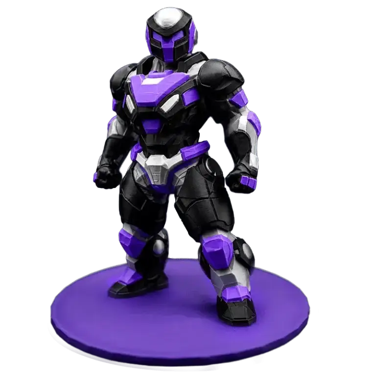 3D printed futuristic armoured warrior miniature in black, purple and silver PLA, manufactured by AM 3D Solutions for tabletop gaming and display.