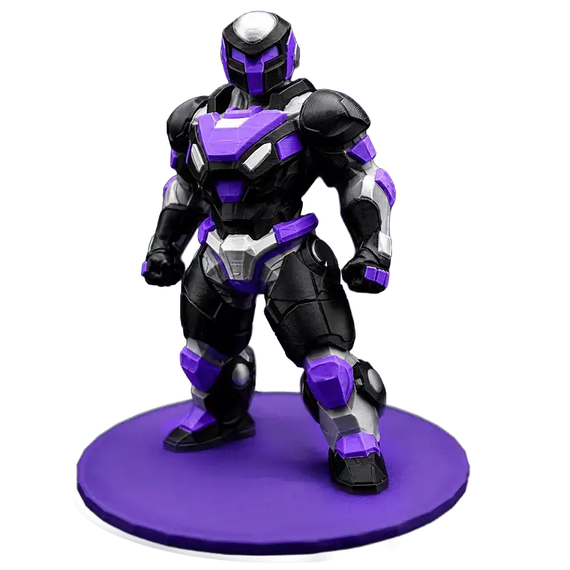 3D printing Geelong - futuristic armoured warrior miniature in black, purple and silver PLA, manufactured by AM 3D Solutions for tabletop gaming and display.